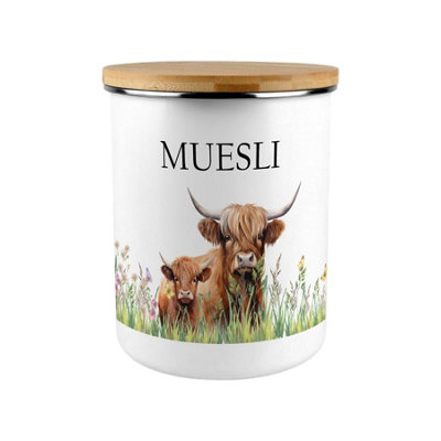 Purely Home Highland Cow & Calf Muesli CanisterCountryside Farm Animals Large Enamel Kitchen Pantry Food Storage Container Gift from B&Q