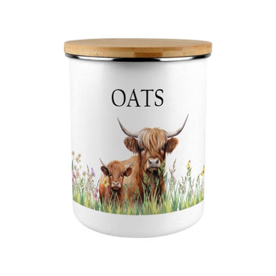Purely Home Highland Cow & Calf Oat CanisterCountryside Farm Animals Large Enamel Kitchen Pantry Food Storage Container Gift from B&Q