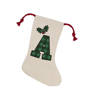Purely Home Green Tartan Alphabet Letter A StockingNovelty Initial Xmas Gift Linen-Style With Red Drawstring Ties from B&Q