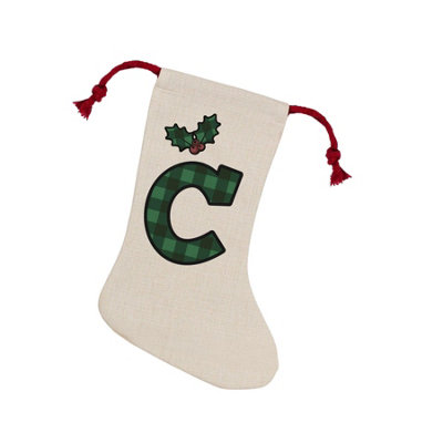 Purely Home Green Tartan Alphabet Letter C StockingNovelty Initial Xmas Gift Linen-Style With Red Drawstring Ties from B&Q