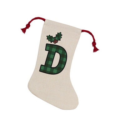 B&Q -  Green Tartan Alphabet Letter D StockingNovelty Initial Xmas Gift Linen-Style With Red Drawstring Ties