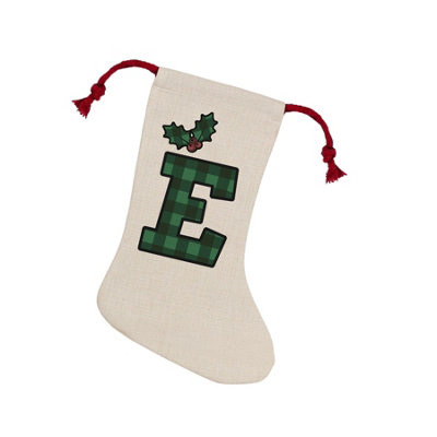 Purely Home Green/Red Tartan Alphabet Letter E Stocking - Novelty Initial Xmas Gift Linen-Style With Drawstring Ties