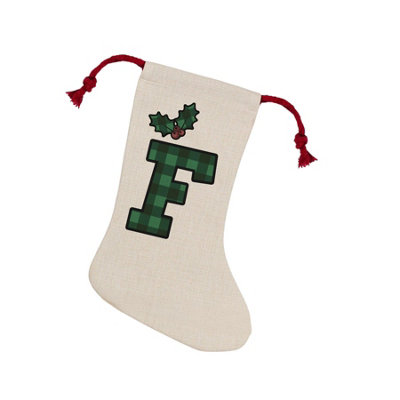 Purely Home Green/Red Tartan Alphabet Letter F Stocking - Novelty Initial Xmas Gift Linen-Style With Drawstring Ties