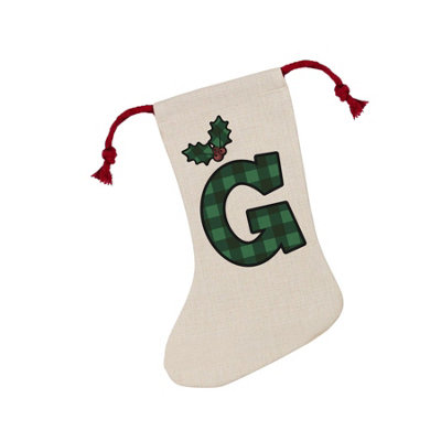 Purely Home Green Tartan Alphabet Letter G StockingNovelty Initial Xmas Gift Linen-Style With Red Drawstring Ties from B&Q