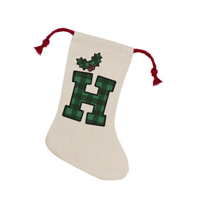 Purely Home Green Tartan Alphabet Letter H StockingNovelty Initial Xmas Gift Linen-Style With Red Drawstring Ties from B&Q