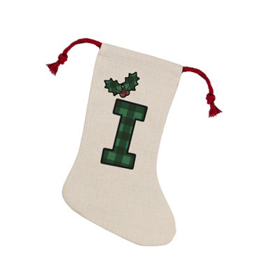 Purely Home Green/Red Tartan Alphabet Letter I Stocking - Novelty Initial Xmas Gift Linen-Style With Drawstring Ties