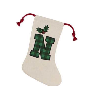Purely Home Green Tartan Alphabet Letter N StockingNovelty Initial Xmas Gift Linen-Style With Red Drawstring Ties from B&Q