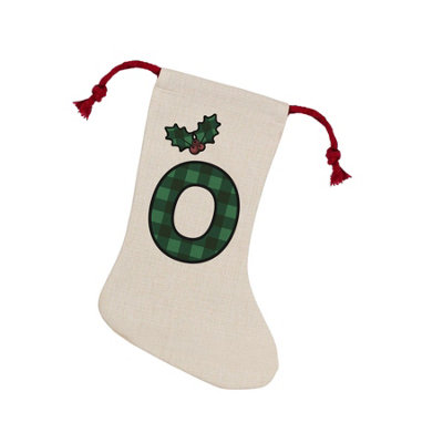 Purely Home Green/Red Tartan Alphabet Letter O Stocking - Novelty Initial Xmas Gift Linen-Style With Drawstring Ties