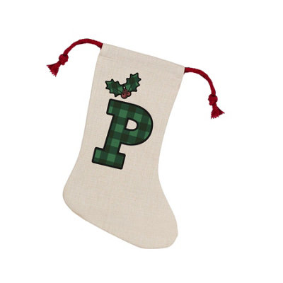 Purely Home Green Tartan Alphabet Letter P StockingNovelty Initial Xmas Gift Linen-Style With Red Drawstring Ties from B&Q