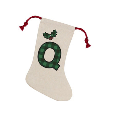 Purely Home Green Tartan Alphabet Letter Q StockingNovelty Initial Xmas Gift Linen-Style With Red Drawstring Ties from B&Q