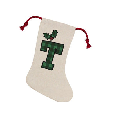 Purely Home Green/Red Tartan Alphabet Letter T Stocking - Novelty Initial Xmas Gift Linen-Style With Drawstring Ties