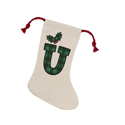 Purely Home Green Tartan Alphabet Letter U StockingNovelty Initial Xmas Gift Linen-Style With Red Drawstring Ties from B&Q