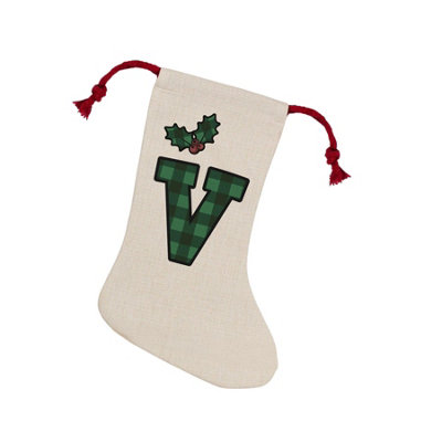 B&Q -  Green Tartan Alphabet Letter V StockingNovelty Initial Xmas Gift Linen-Style With Red Drawstring Ties