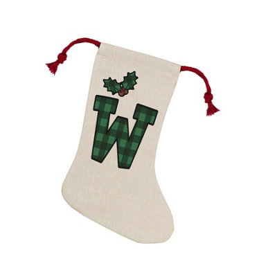 Purely Home Green Tartan Alphabet Letter W StockingNovelty Initial Xmas Gift Linen-Style With Red Drawstring Ties from B&Q