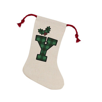 Purely Home Green/Red Tartan Alphabet Letter Y Stocking - Novelty Initial Xmas Gift Linen-Style With Drawstring Ties