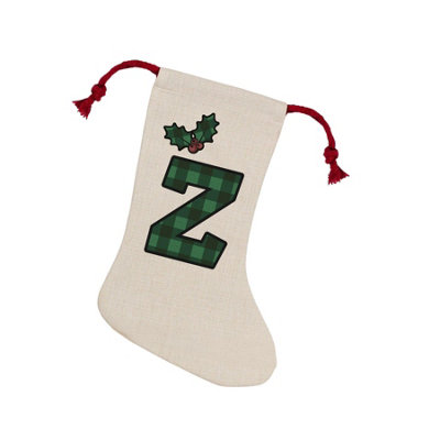 B&Q -  Green Tartan Alphabet Letter Z StockingNovelty Initial Xmas Gift Linen-Style With Red Drawstring Ties
