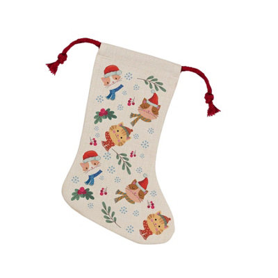 B&Q -  Cartoon Cats Christmas StockingNovelty Xmas Gift For Cat Lovers Linen-Style Decor With Red Drawstring Ties
