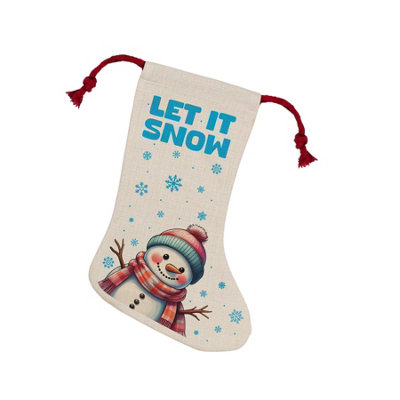 Purely Home Red Let It Snow Happy Snowman Christmas Stocking - Novelty Xmas Gift/Décor Linen-Style With Drawstring Ties
