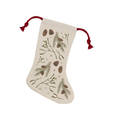 Purely Home Red Mistletoe & Pine Stocking - Novelty Xmas Gift/Nature Decor With Drawstring Ties