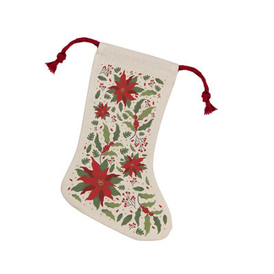 Purely Home Christmas Poinsettia StockingNovelty Xmas Gift/nature Decor Linen-Style With Red Drawstring Ties from B&Q