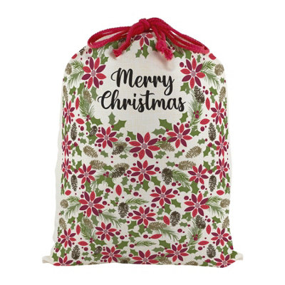 Purely Home Merry Christmas Poinsettia Santa SackLarge Linen-Style Present Bag For Xmas Gifts With Red Drawstring Ties from B&Q