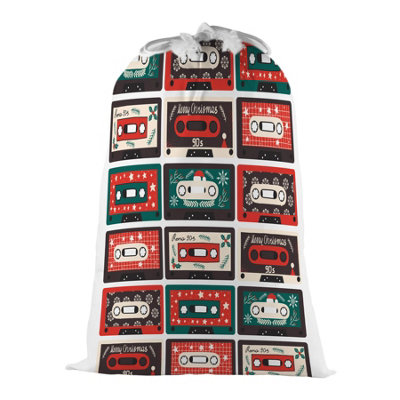 Purely Home Christmas Cassette Tapes Present BagNovelty Xmas Santa Sack White/multi With Drawstring Ties from B&Q