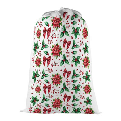 Purely Home Christmas Poinsettia & Holly Present BagNovelty Xmas Santa Sack White/red/green With Drawstring Ties from B&Q