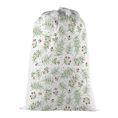 Purely Home Mistletoe & Berries Present BagNovelty Xmas Santa Sack White/red/green With Drawstring Ties from B&Q