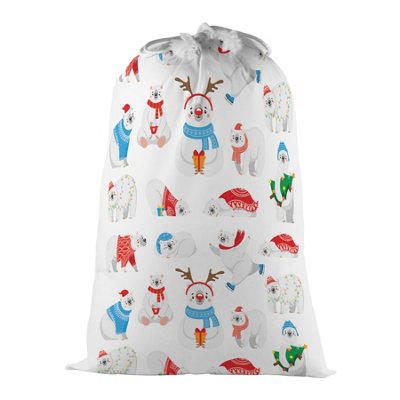 Purely Home Christmas Polar Bears Present BagNovelty Xmas Santa Sack White/multi With Drawstring Ties from B&Q