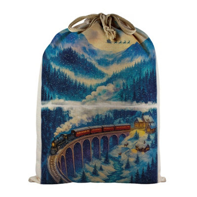 B&Q -  Christmas Train Viaduct Santa SackLarge Watercolour Linen-Style Present Bag For Xmas Gifts With Drawstring Ties
