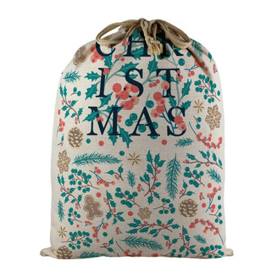 B&Q -  Christmas Foliage Santa SackLarge Linen-Style Present Bag For Xmas Gifts With Drawstring Ties
