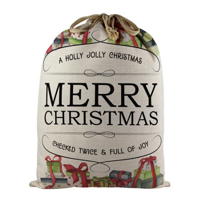 Purely Home Merry Christmas Santa SackLarge Linen-Style Present Bag For Xmas Gifts With Drawstring Ties from B&Q