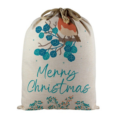 Purely Home Festive Robin Santa SackLarge Linen-Style Present Bag For Xmas Gifts With Drawstring Ties from B&Q