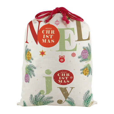Purely Home Noel & Joy Baubles Santa SackLarge Linen-Style Present Bag For Xmas Gifts With Red Drawstring Ties from B&Q