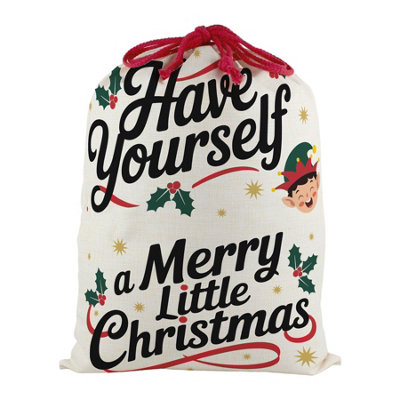 Purely Home Merry Little Christmas Elf Santa SackLarge Linen-Style Present Bag For Xmas Gifts With Red Drawstring Ties from B&Q