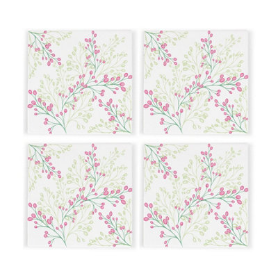 Purely Home Pink Floral Ceramic Drinks Coaster SetSquare Set Of 4 Non-Slip Coasters Gift from B&Q