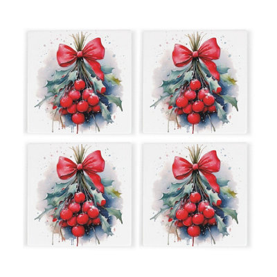 Purely Home Christmas Berries Ceramic Coaster SetHolly Leaves Xmas Square Set Of Four (4) Coasters Gift from B&Q