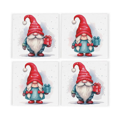 Purely Home Christmas Gonks Ceramic Coaster SetNovelty Xmas Gnomes Square Set Of Four (4) Coasters Gift from B&Q