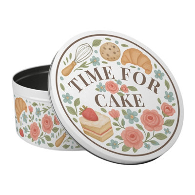 Purely Home Time For Cake Round Storage TinLarge Metal Tin Kitchen Storage Container Gifts 23 X 10Cm from B&Q