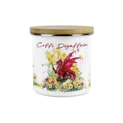 Purely Home Daffodils & Dragon Welsh Coffi Digaffein CanisterCymru Wales Homewares Gifts1.2L Enamel Hot Drinks Kitchen Storage Container from B&Q