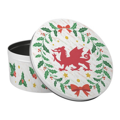 Purely Home Welsh Dragon Christmas Cake TinCymru Wales Souvenir GiftsLarge Round Metal Kitchen Storage Container 23 X 10Cm from B&Q