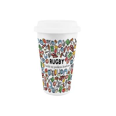 Purely Home Rugby Novelty Ceramic Travel MugGifts For Sports FansReusable Silicone Lid Double-Walled Insulated Drinks Flask Cup from B&Q
