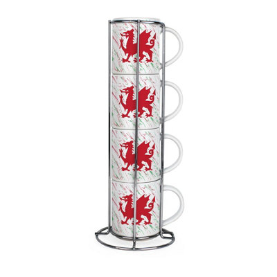 Purely Home Welsh Dragon Stacking Mugs SetSet Of 4 Ceramic Mugs Gift Set With Metal Stand from B&Q