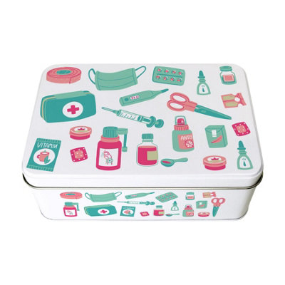 Purely Home Home First Aid Storage TinTeal & Pink Cartoon Medical Box OrganiserRectangular Metal Case 195 X 125 X 75mm from B&Q