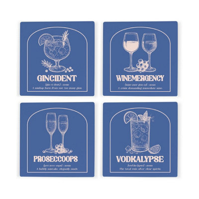 Purely Home Drinking Mishaps Blue Ceramic Coaster SetProsecco Gin Wine Vodka Home Bar Tableware GiftsSquare Drinks Coasters 4 Pack from B&Q