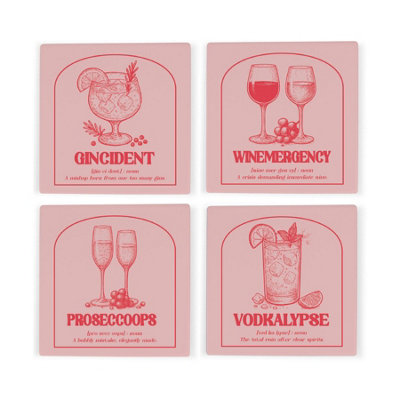 Purely Home Drinking Mishaps Pink Ceramic Coaster SetProsecco Gin Wine Vodka Home Bar Tableware GiftsSquare Drinks Coasters 4 Pack from B&Q