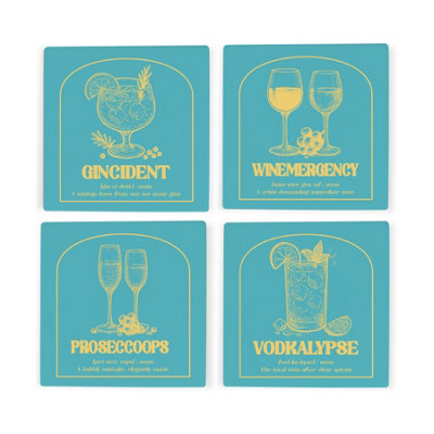 Purely Home Drinking Mishaps Turquoise Ceramic Coaster SetProsecco Gin Wine Vodka Home Bar Tableware GiftSquare Drinks Coasters 4 Pack from B&Q