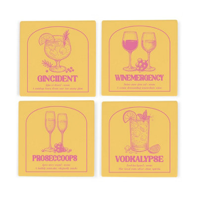 Purely Home Drinking Mishaps Ceramic Coaster Set In YellowProsecco Gin Wine Vodka Home Bar Tableware GiftsSquare Drinks Coasters 4 Pack from B&Q