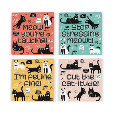 Purely Home Felines With Cat-Itude Ceramic Coaster SetFunny Tableware Gifts For Cat LoversSquare Drinks Coasters 4 Pack from B&Q