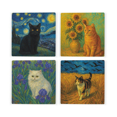Purely Home Van Gogh Cats Ceramic Mixed Coaster SetTableware Gifts For Cat LoversSquare Drinks Coasters 4 Pack from B&Q